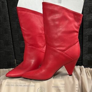 Vibrant Red Leather Heeled Boots with Pointed Toe